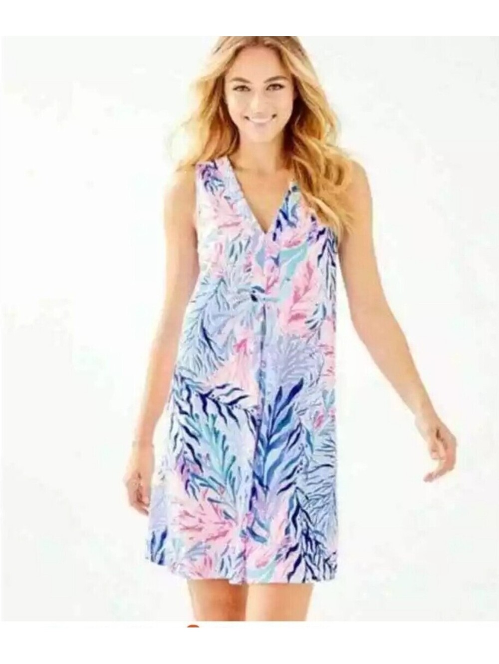 Lilly Pulitzer AMINA SWING DRESS Women's Sz S Crew Blue Tint Kaleidoscope Coral